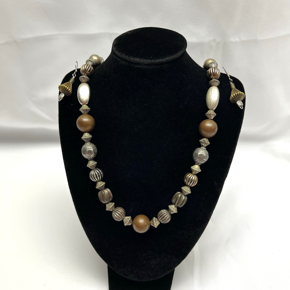Vintage Beaded Necklace Earrings Set Earth Tone Silver Brown Boho Tribal